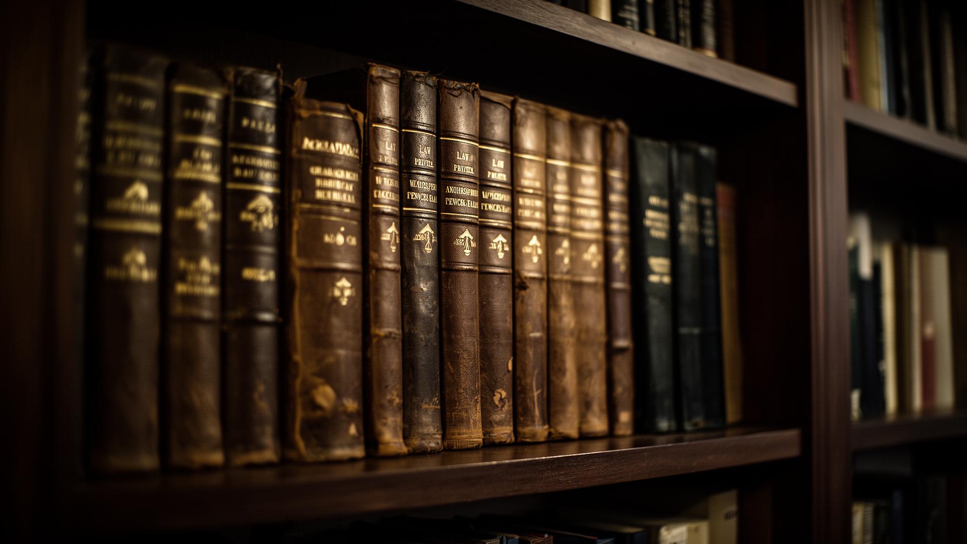 Antique leather-bound law books on a dark walnut shelf