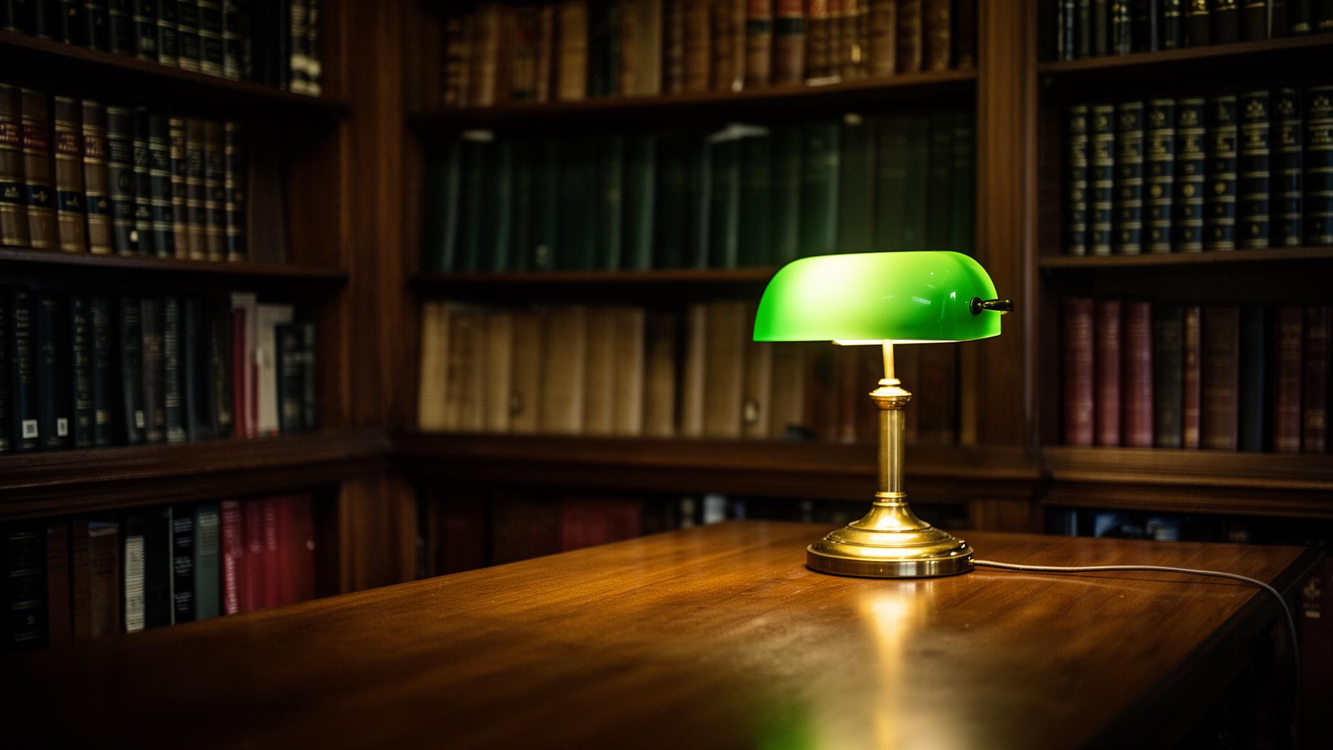 Law library reading table illuminated by a brass banker's lamp