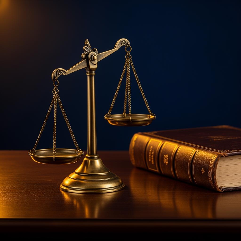 Brass scales of justice resting on a wooden desk beside a leather-bound law book